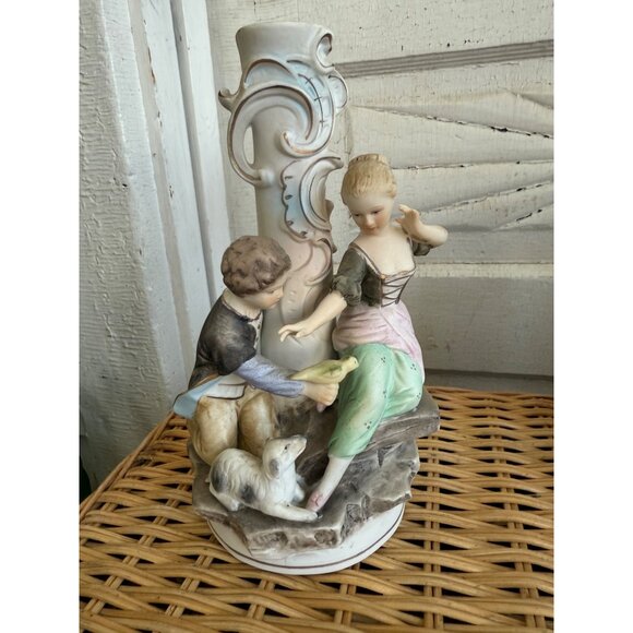 Vintage 50's Bisque Porcelain Figural Couple Candle Holder Lamp Base - Picture 7 of 11